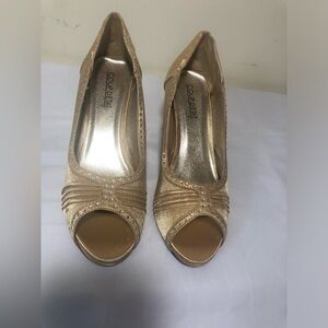 Gold Satin Peep-Toe Embellished Heels